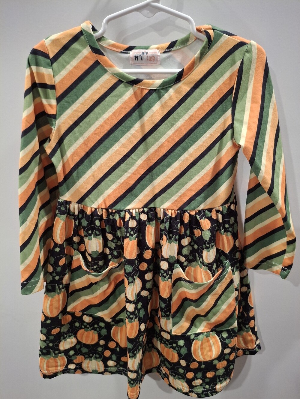 Kids Striped & Pumpkin Dress - Orange Green Black - Petite